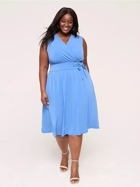 Lane Bryant Sky Blue Sleeveless Wrap Midi Dress with Waist Tie